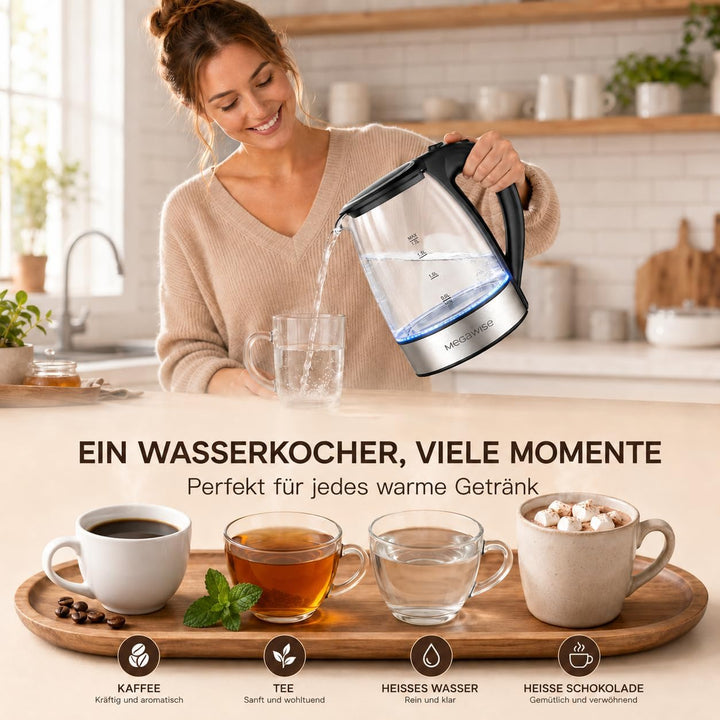 MEGAWISE 1.8L gesunder elektrischer Wasserkocher, 1000W Borosilikatglas Teekessel mit Lebensmittelqu