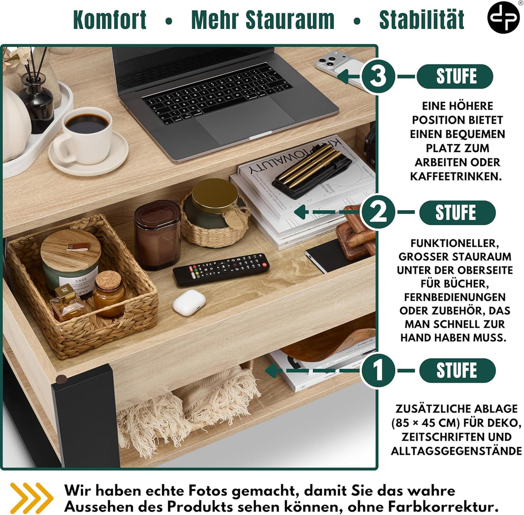 defiPad Couchtisch Höhenverstellbar mit Stauraum, Wohnzimmertisch Sonoma Eiche-Schwarz mit Liftfunkt