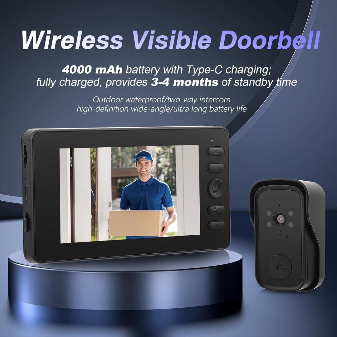 Kabellose Türklingel mit Kamera1080P Video,Kabellose Video Türklingel Kamera mit 4,3Zoll Bildschirm,