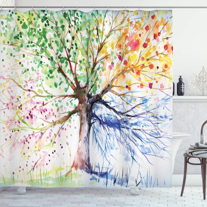 ABAKUHAUS Aquarell Duschvorhang, 4 Jahreszeiten Bunte, Stoffliches Gewebe Badezimmerdekorationsset m