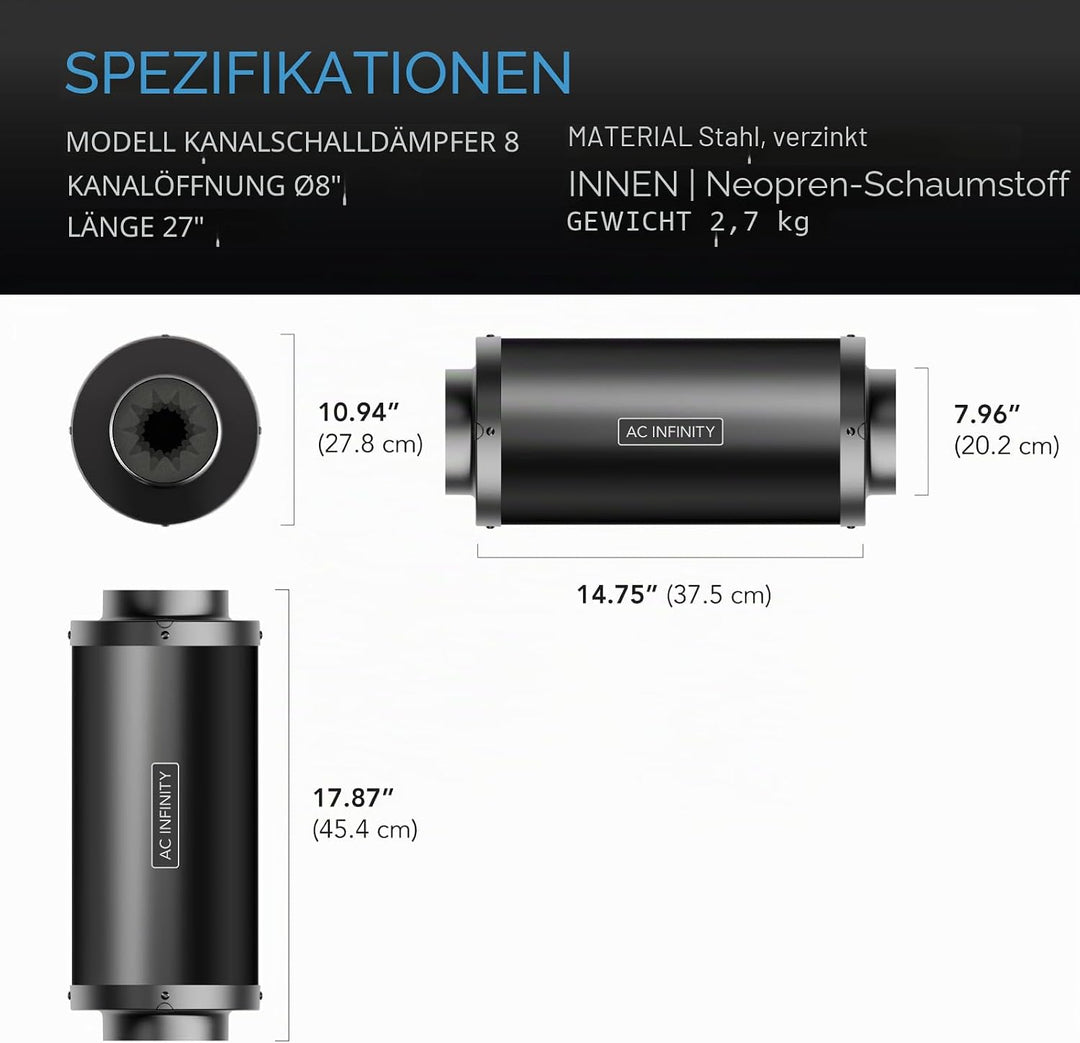 AC Infinity Rohrschalldämpfer 200 mm – für Inline-Lüfter und Lüftungssysteme in Growzelten und Hydro