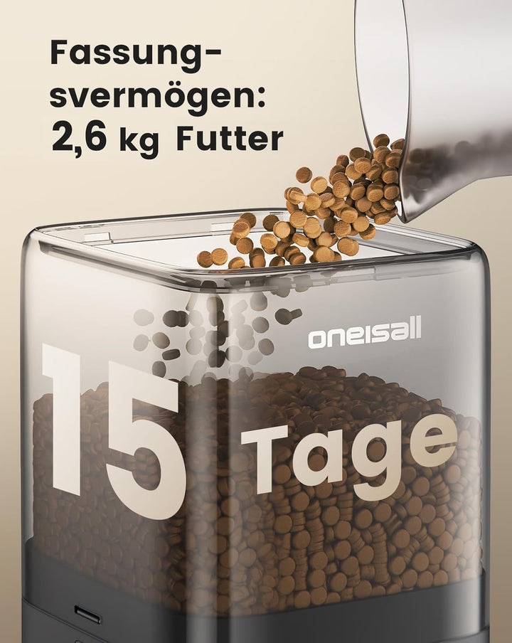 oneisall 5L Futterautomat Katzen 2 Näpfe, Katzenfutter Automat Kabellos mit 304 Edelstahlnapf, 1-6 M