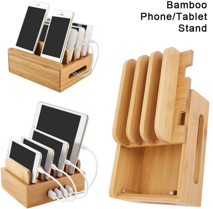 Fdit Bamboo Multi-Device Stand, Ladestation für mehrere Geräte, Ladestation Telefon Tablet Cord Orga