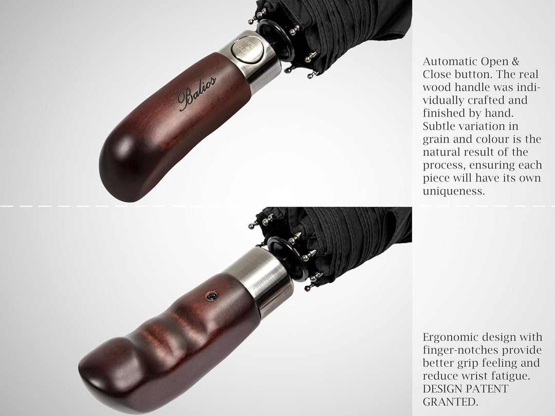 Balios® Regenschirm Mit Echtem Holzgriff -Optional | Auf Zu Automatik | Sturmfest & Windsicher | Tas