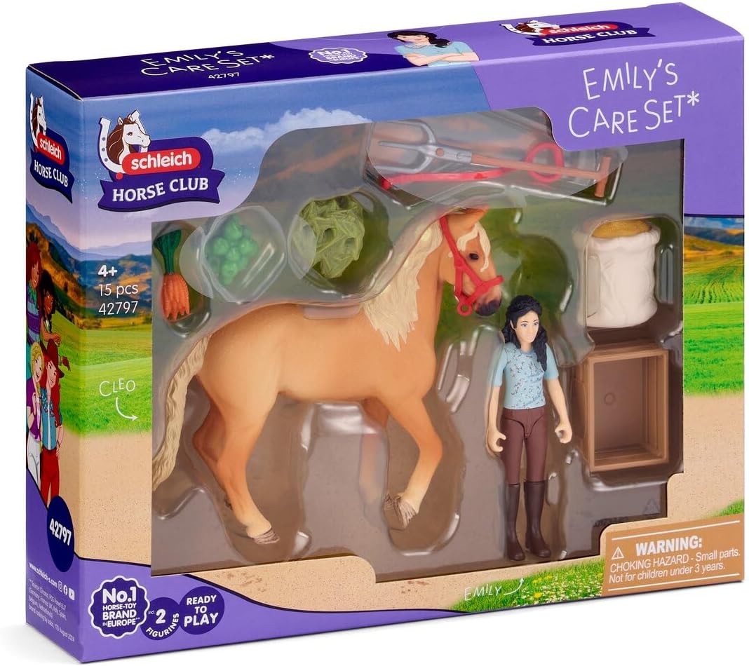 schleich Horse Club | Emily's Pflege Set 42797 | Pferde Spielset mit Pferd, beweglicher Emily Figur
