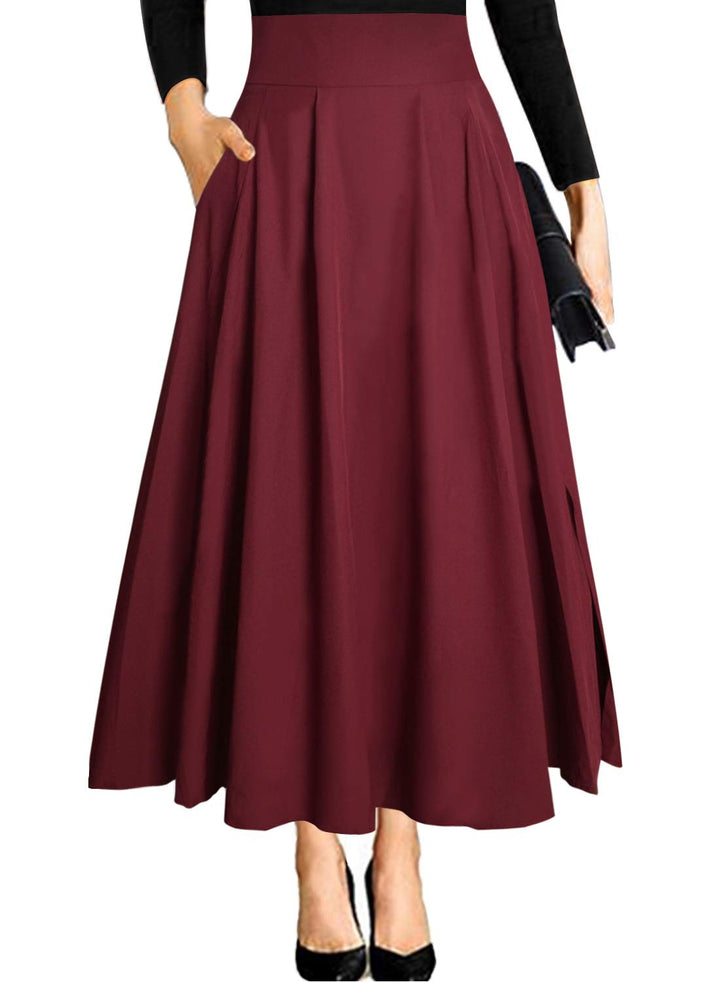 Damen High Waist Maxirock Taschen mit Seitenschlitz Langer A-Linie Rock S 0 Burgundisch, S 0 Burgund