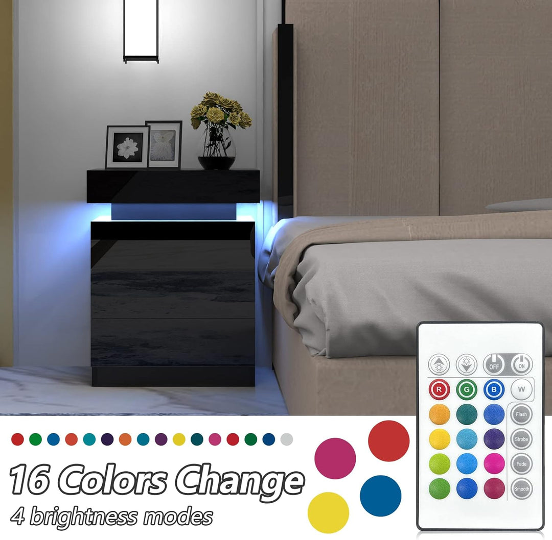 Nachttisch Schwarz 2er Set, Nachtschrank mit Led Licht, Nachtkommode mit 3 Schubladen und Schränke m