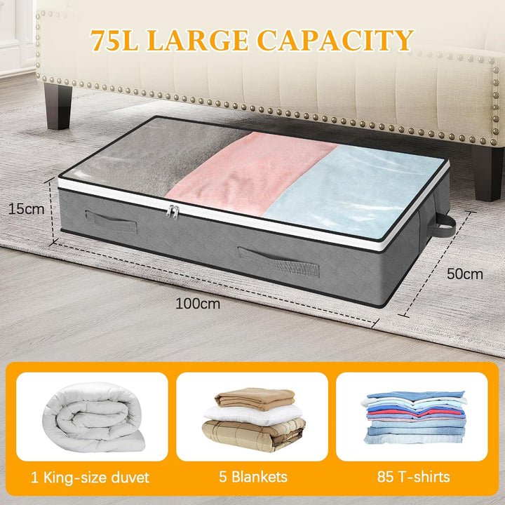 Cozary 3 Stück Unterbett Aufbewahrungsbox 75L, Unterbettkommode mit Sichtfenster, Umzugstaschen, Tra