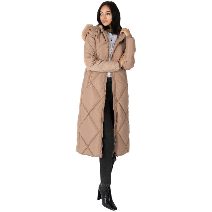 Women's Winter Jacket Ladies Coat Puffer Removable Faux Fur Hood Pockets Quilted Padded Longline Puf