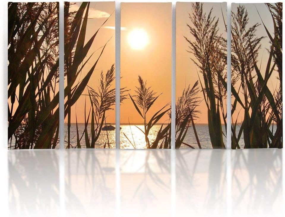 Feeby Frames, Leinwandbild Bilder Wand Bild - 5 Teile - Wandbilder Kunstdruck (SONNENUNTERGANG, GOLD