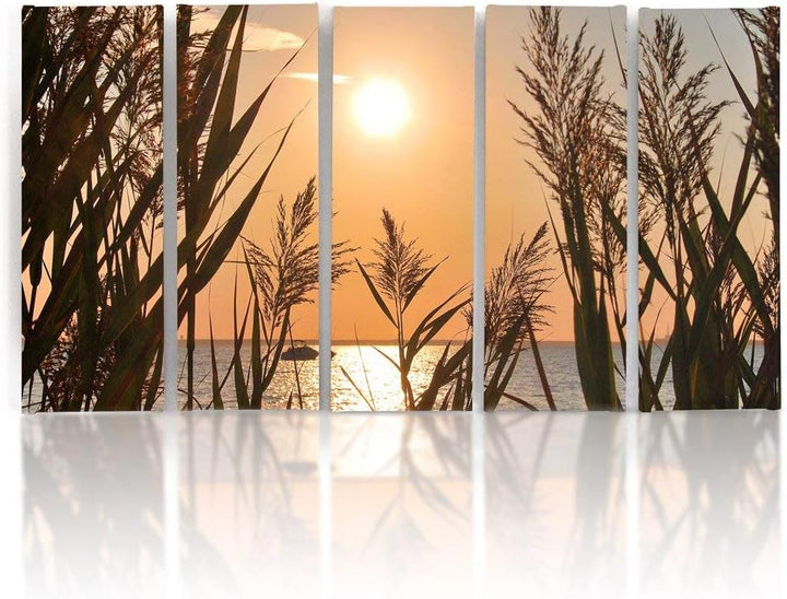 Feeby Frames, Leinwandbild Bilder Wand Bild - 5 Teile - Wandbilder Kunstdruck (SONNENUNTERGANG, GOLD