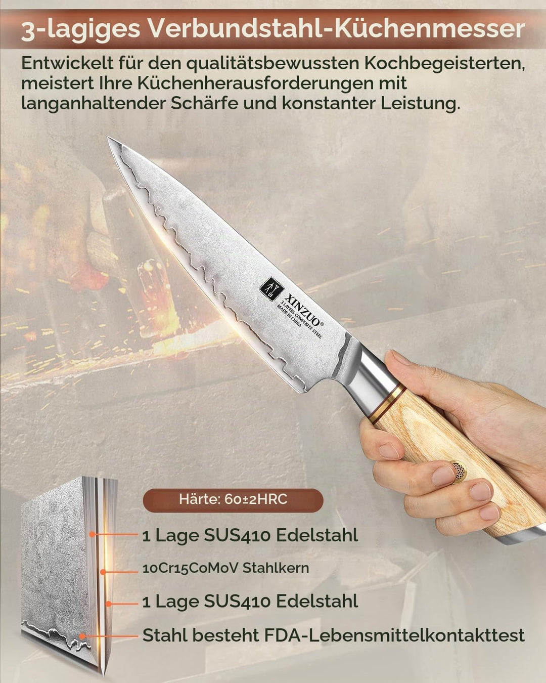XIZNUO 13cm Allzweckmesser Verbundstahl Universalmesser, 3 Schichten Verbundstahl 10Cr15CoMoV Stahlk