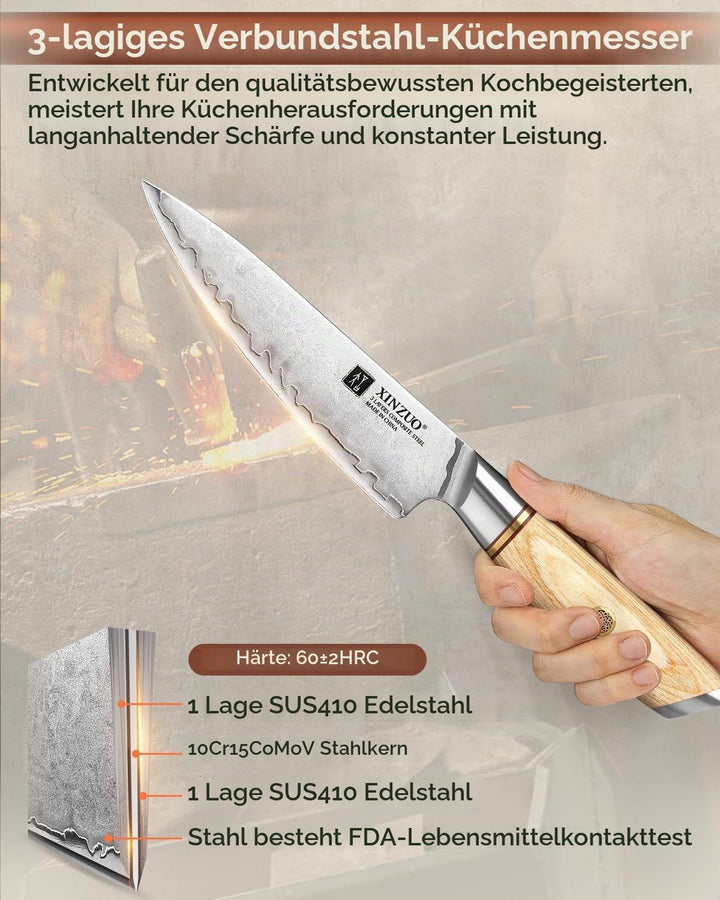 XIZNUO 13cm Allzweckmesser Verbundstahl Universalmesser, 3 Schichten Verbundstahl 10Cr15CoMoV Stahlk