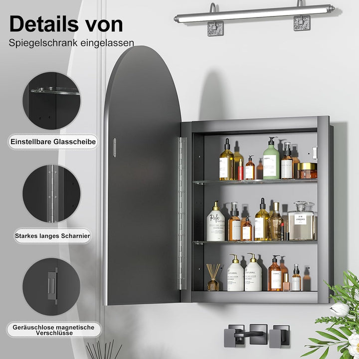 Spiegelschrank Bogen, Badezimmer Spiegelschrank Bogen, Badspiegel Schwarz mit Schrank, Eingelassen o