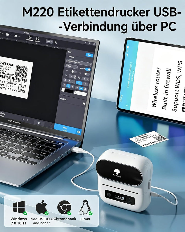 Phomemo M220 Etikettenmacher, Bluetooth-Etikettendrucker für Barcode, Adresse, Haus, Mailing, Kleinu