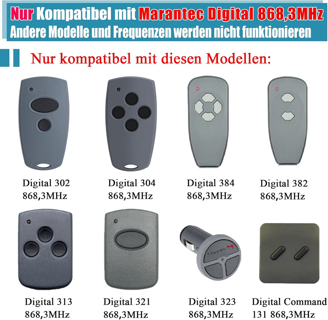 2 Stück Garagentoröffner Hansender Kompatibel mit 868,3MHz Marantec Digital 302 384 304 313 321 323