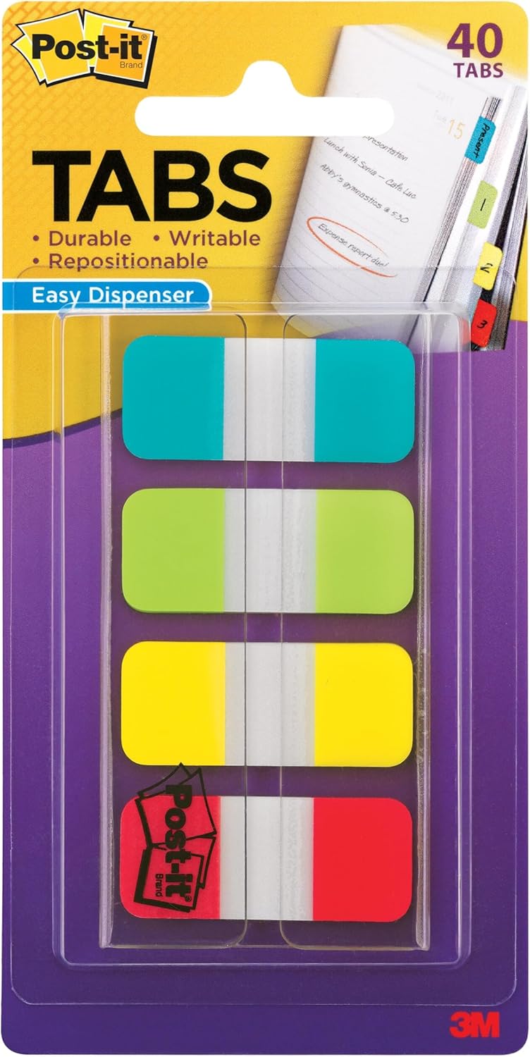 Post-it Tabs, 1,6 cm Solid, Aqua, Gelb, Pink, Violett, langlebig, beschreibbar, repositionierbar, ha