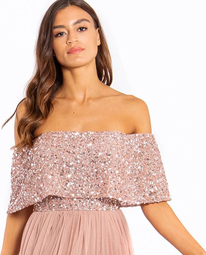 Maya Deluxe Abendkleid Damen Brautjungfernkleid Bardot Paillettenverzierung Abendkleid Elegant für H