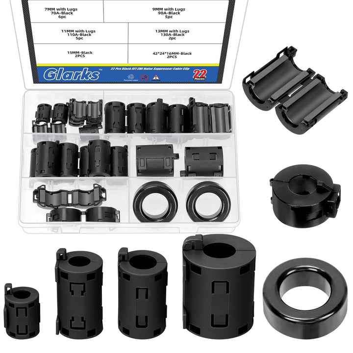 Glarks 22pcs ID 7/9/11/13MM Clip-on Ferrit Ring Core Set, enthält 18pcs schwarze RFI EMI Geräuschdäm