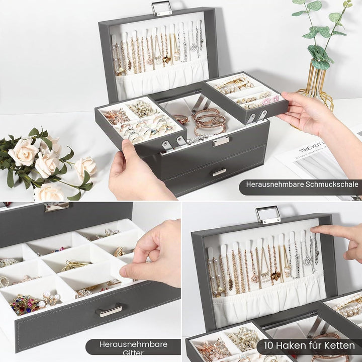 Schmuckkasten, Schmuckkästchen mit Schubladen für Damen Mädchen, PU-Leder Jewelry Box Schmuckbox Sch