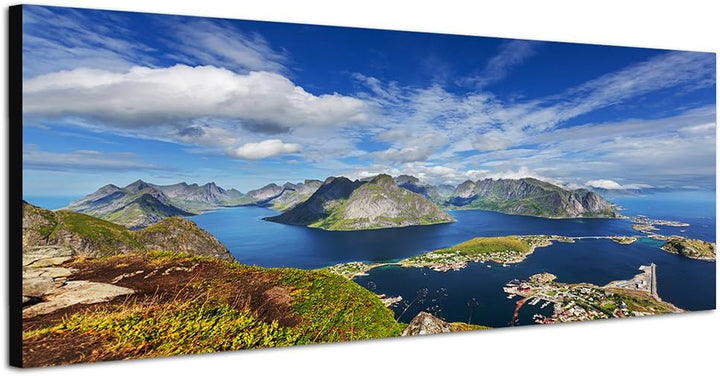 Paul Sinus Art Panoramabild auf Leinwand und Keilrahmen 150x50cm Norwegen Lofoten Berge Wasser Wolke