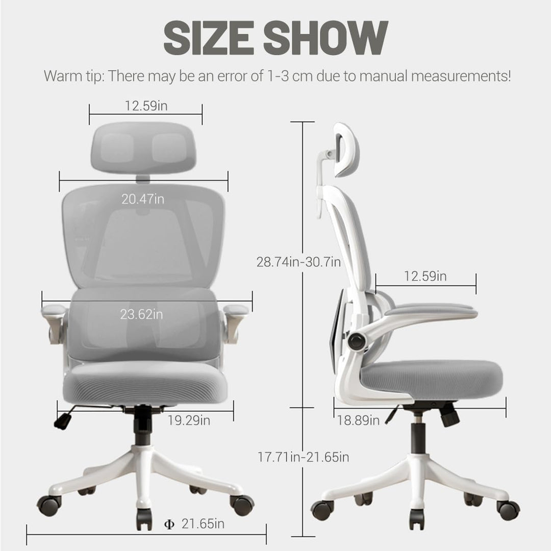 Ergonomischer Bürostuhl - Grau | Höhenverstellbarer Schreibtischstuhl mit Hochrücken,Mesh und Lenden