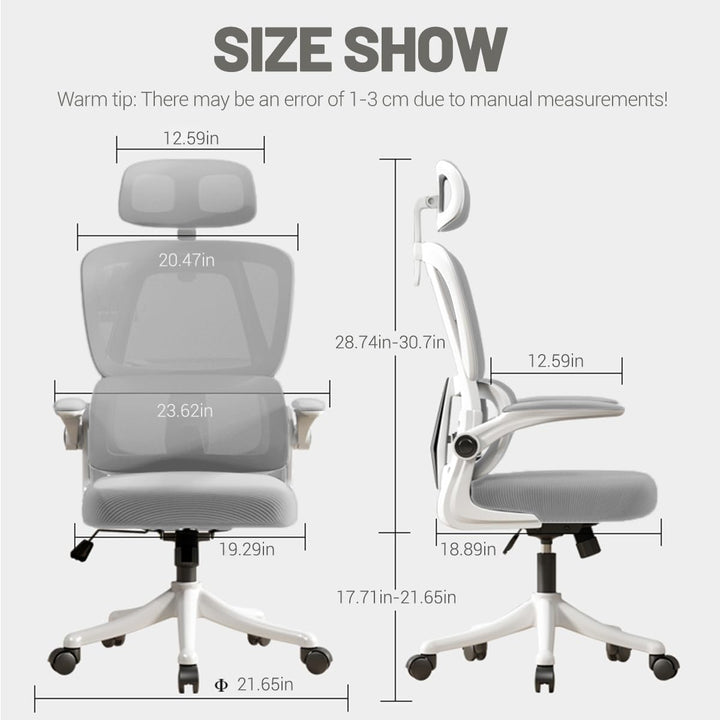 Ergonomischer Bürostuhl - Grau | Höhenverstellbarer Schreibtischstuhl mit Hochrücken,Mesh und Lenden