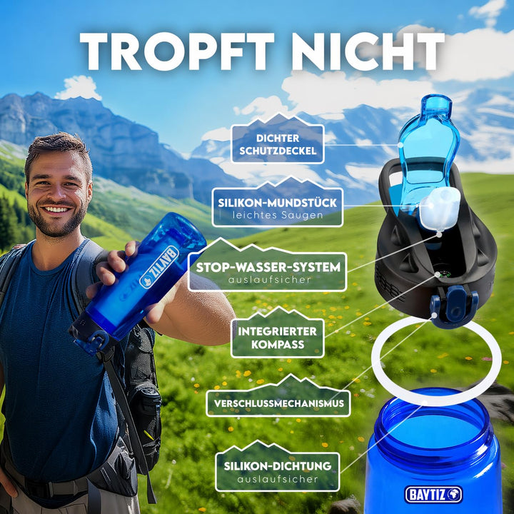 BAYTIZ- Trinkflasche + Strohhalm Filter + Carabiner - Wasserfilter Outdoor mit Aktivkohle - Sport Üb