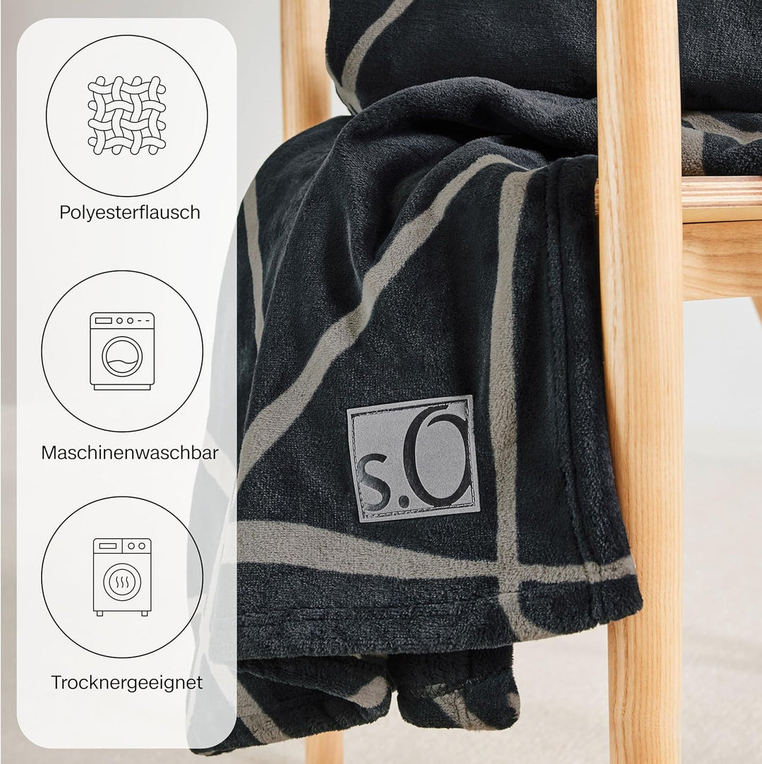 s.Oliver Kuschelsoft Decke 150x200 - flauschig, warm & waschbar, Kuscheldecke schwarz Schwarz 150 x
