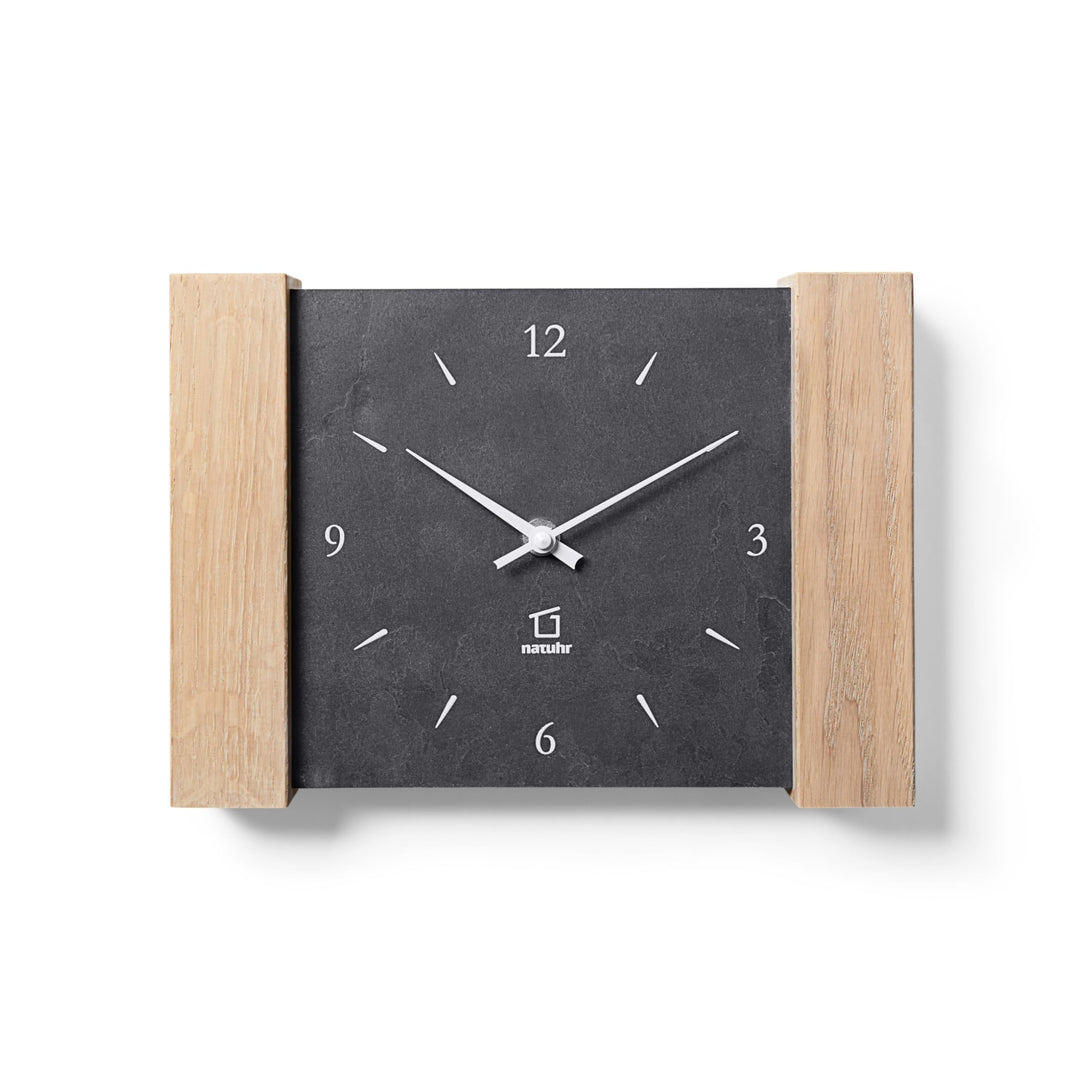 Natuhr Tischuhr Wanduhr Matterhorn Holz Eiche Heller Stein Schiefer Funkuhrwerk (Schwarz/Eiche gekal
