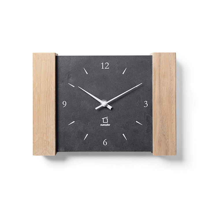 Natuhr Tischuhr Wanduhr Matterhorn Holz Eiche Heller Stein Schiefer Funkuhrwerk (Schwarz/Eiche gekal
