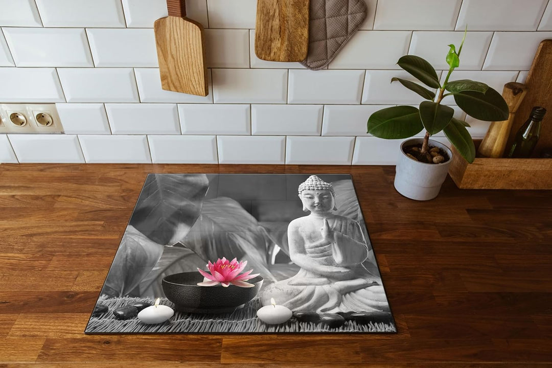 Buddha mit Seerose Herdabdeckplatte & Spritzschutz aus Echtglas | Für Herd-Kochfelder | 60x52 cm