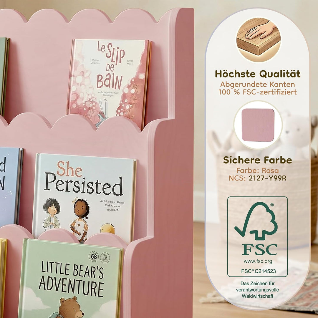 smartwood Montessori Bücherregal Kinder, FSC-Kiefernholz, Rosa, LULU | 3-stufig, 64x31,5x71 cm, Einf