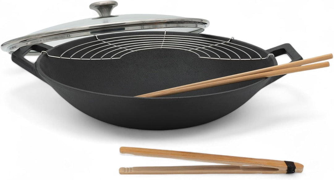 osoltus Wok Gusseisen mit Zubehör Wok-Set mit Deckel 36cm