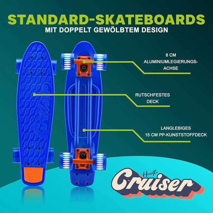 Hurtle Skateboard Kinder ab 6 Jahre, Mini Skateboard mit LED Leuchtrollen, 55cm Pennyboard mit Anti-