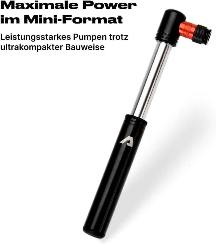 Alpensattel Fahrrad Mini-Pumpe mit Rahmenhalterung, 6063 Aluminium, 60 g, 130 mm, bis 11 bar / 160 p