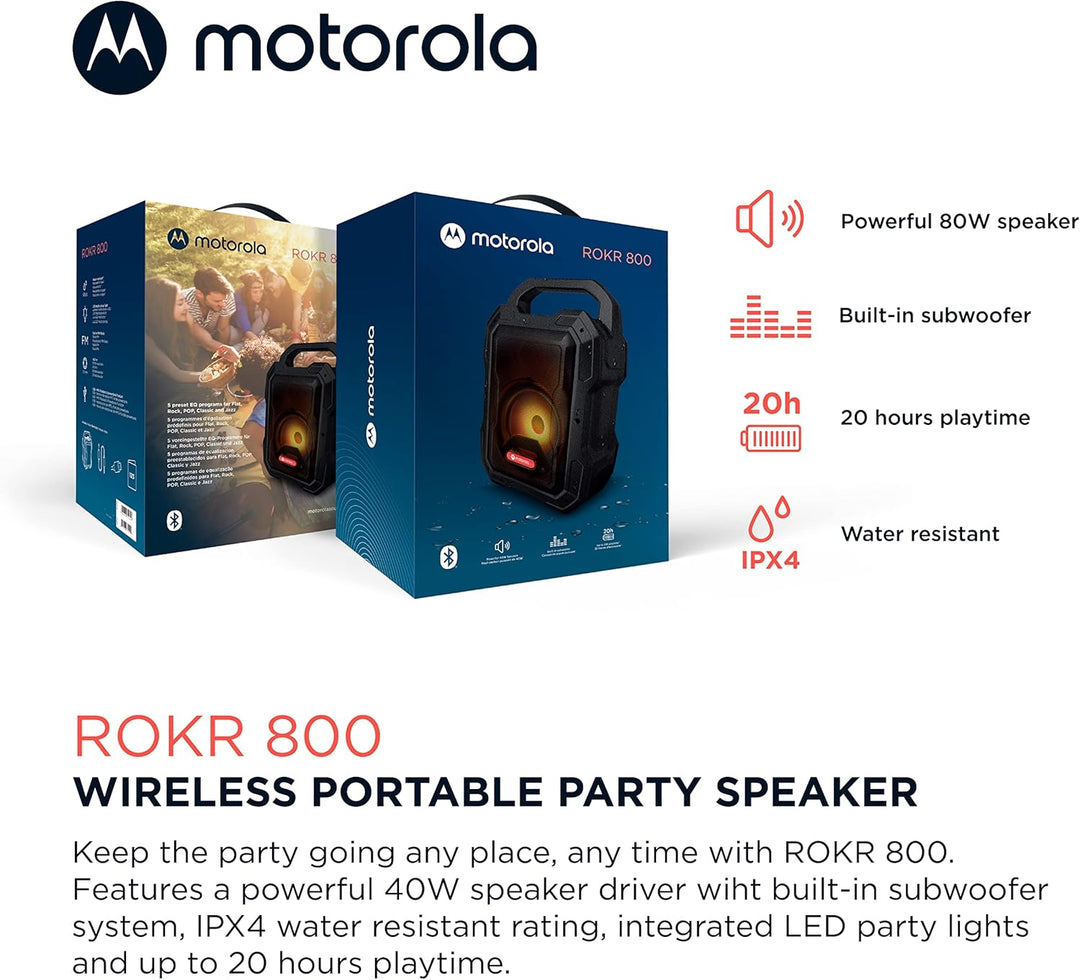 Motorola Sound ROKR 800 Bluetooth-Lautsprecher - 20 Stunden Akkulaufzeit - FM-Radio - Farbige LED -