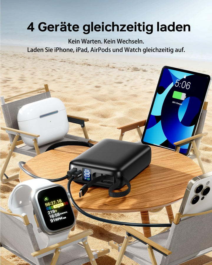 26800mAh Power Bank, PD 22,5W Powerbank mit Integriertem USB C Kabel | Schnellladen Externe Handyakk
