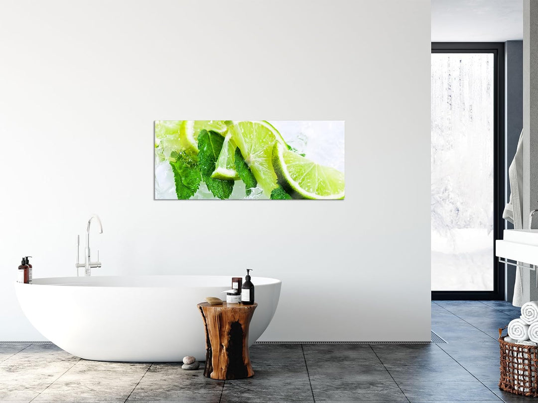 Glasbild Panorama | Wandbild aus Echtglas | Limetten und Minze im Eis | 100x40 cm | inkl. Aufhängung
