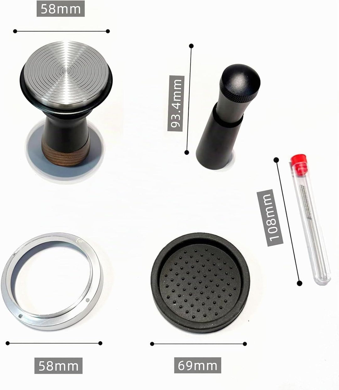 Kaffee Tamper Set 58mm, 30lbs Druckregulierend Espresso Tamper mit WDT Tool &amp; Magnetisch Dosierring,