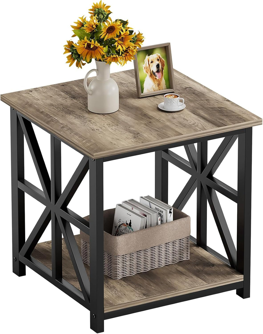 GreenForest Beistelltisch mit 2-stufigem Ablagefach, 50 cm quadratischer Wohnzimmertisch, praktische