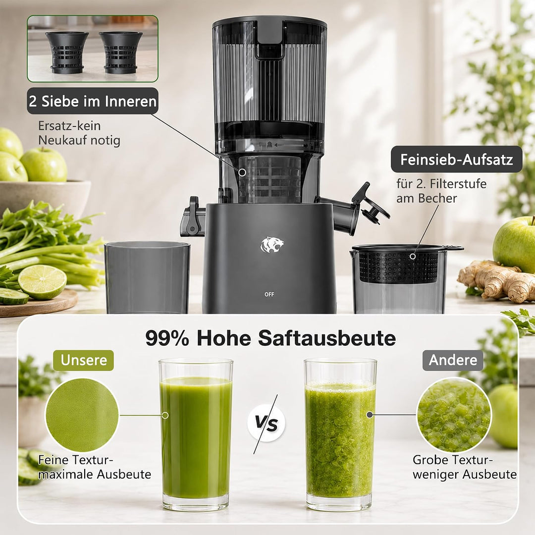 Entsafter Slow Juicer mit 120mm breitem Einfüllstutzen – Kaltpress-Entsafter für Obst und Gemüse mit