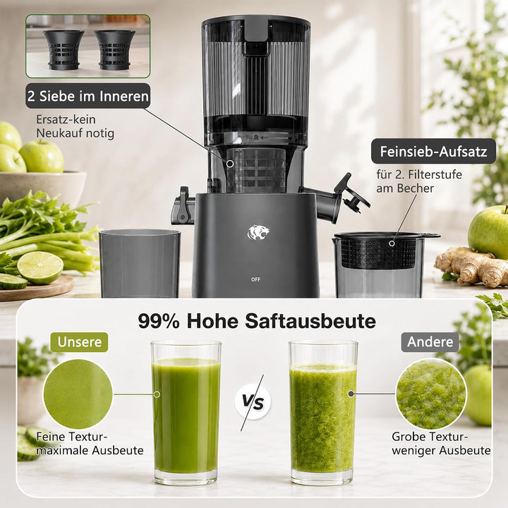 Entsafter Slow Juicer mit 120mm breitem Einfüllstutzen – Kaltpress-Entsafter für Obst und Gemüse mit