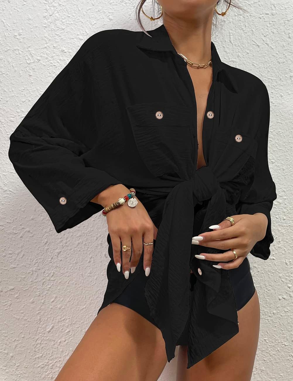Frauen Badeanzug Coverup Shirt Kleid Button Down Badeanzug Cover Up Beachwear, B-schwarz M
