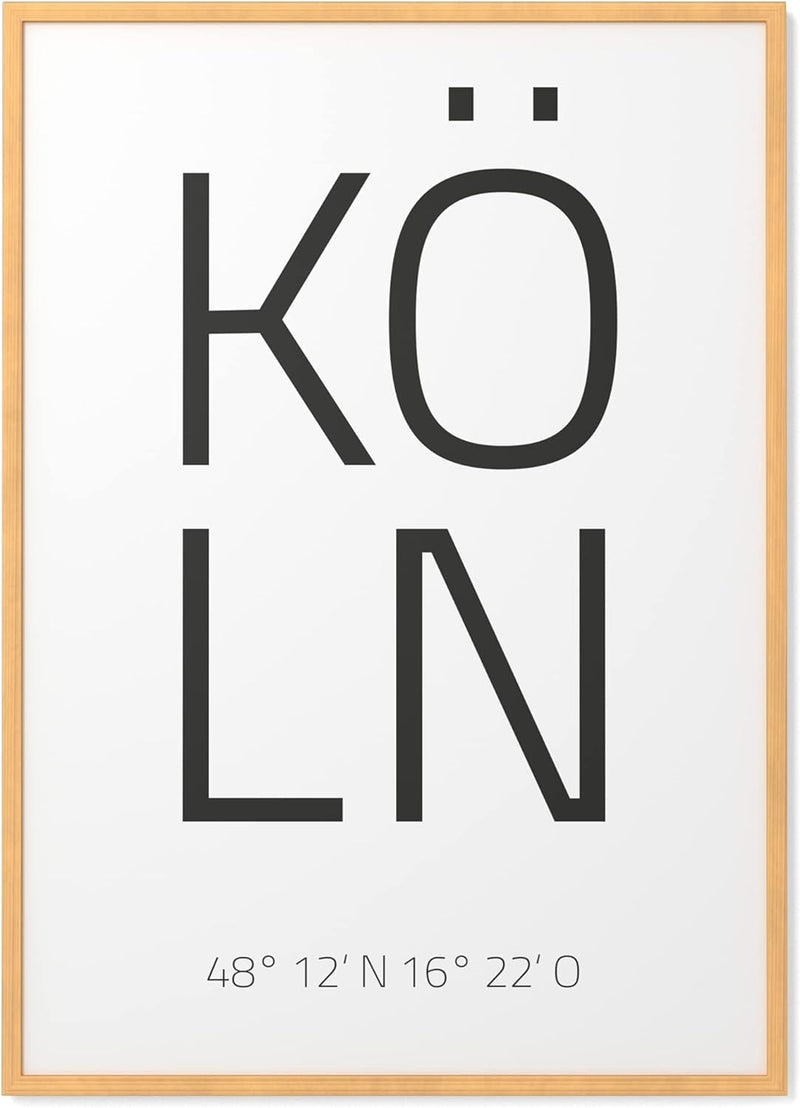 Papierschmiede® Geo Poster Koordinaten Köln, A3 Gerahmt im Natur-Holzrahmen, Stadt Bild als Wanddeko