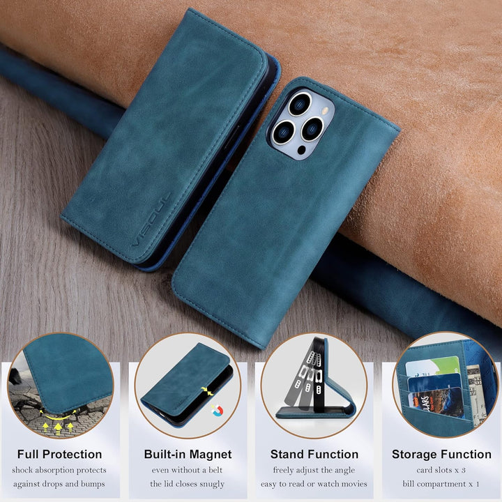 VISOUL Hülle für iPhone 14 Pro Handyhülle [Echtleder][3 Kartenfächer] [Magnet] [Standfunktion], TPU