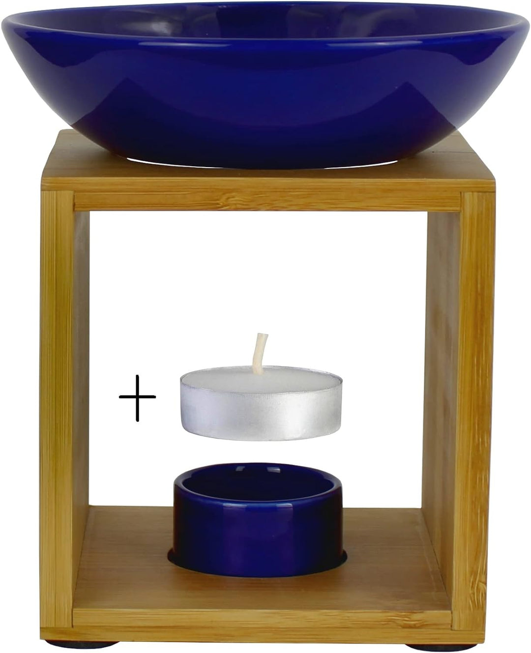 Bitto Duftlampe Malmö Blau mit Kerze, grosse Schale, Fair Trade, Aromalampe aus Bambusholz und Keram