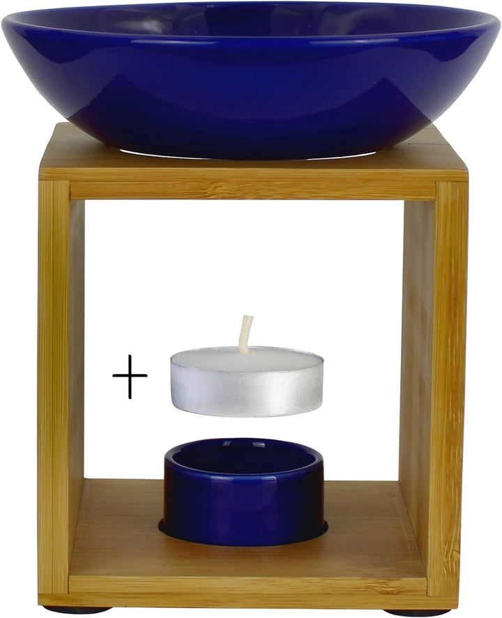 Bitto Duftlampe Malmö Blau mit Kerze, grosse Schale, Fair Trade, Aromalampe aus Bambusholz und Keram