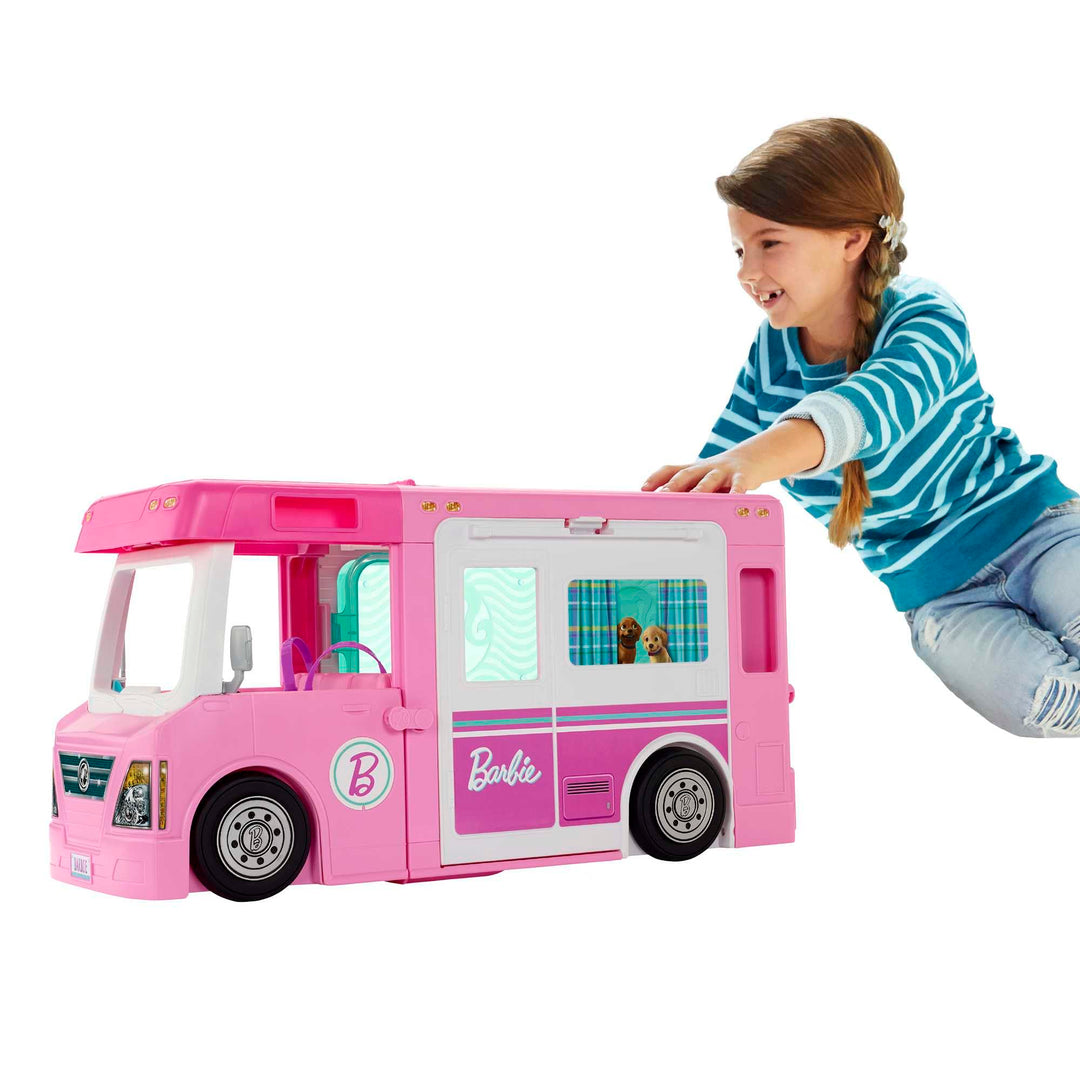 Barbie 3-in-1 DreamCamper Vehicle, approx. 3-ft, Transforming Camper with Pool, Truck, Boat and 60