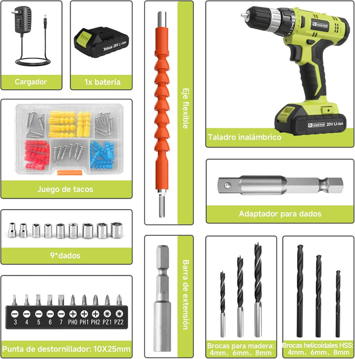 FADAKWALT Akkuschrauber, 20V Akku Bohrmaschine mit 2000 mAh Akku, 21+1 Drehmomentstufen, 60-tlg Akku